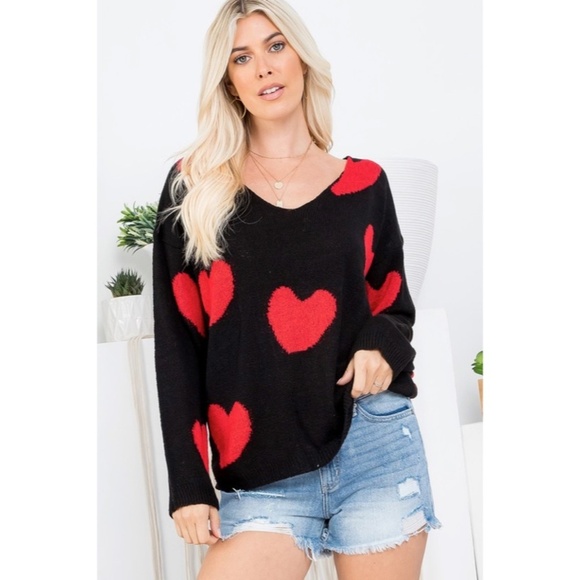 Black Red Multi Heart Knit V-Neck Valentines Day Long Sleeve Relaxed Sweater - Picture 10 of 10